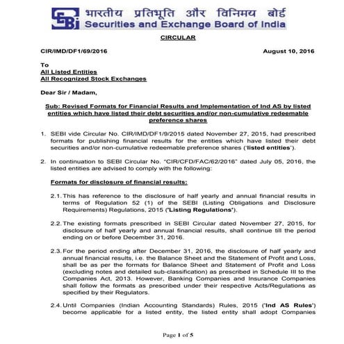 Revised Formats for Financial Results Sebi latest 