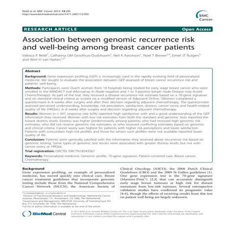 Association between genomic recurrence risk and well-being among breast cance...