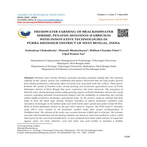 FRESHWATER FARMING OF BRACKISHWATER  SHRIMP, PENAEUS MONODON (FABRICIUS)  WIT...