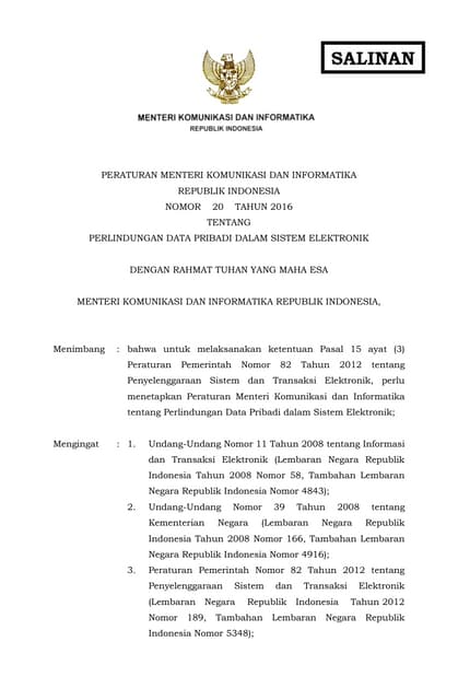 Permenkominfo no 20 tahun 2016
