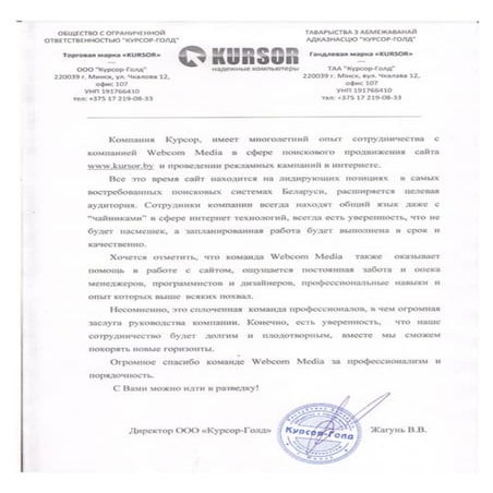 Отзыв о Webcom Group от компании ООО «Курсор-Голд»