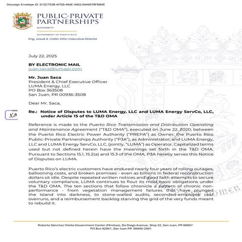 Carta de la Autoridad de las APP a LUMA Energy