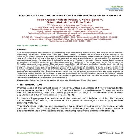 BACTERIOLOGICAL SURVEY OF DRINKING WATER IN PRIZREN