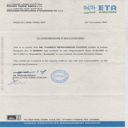 ETA Experience Certificate