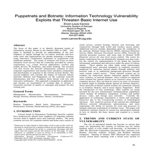 Puppetnets and Botnets: Information Technology Vulnerability Exploits