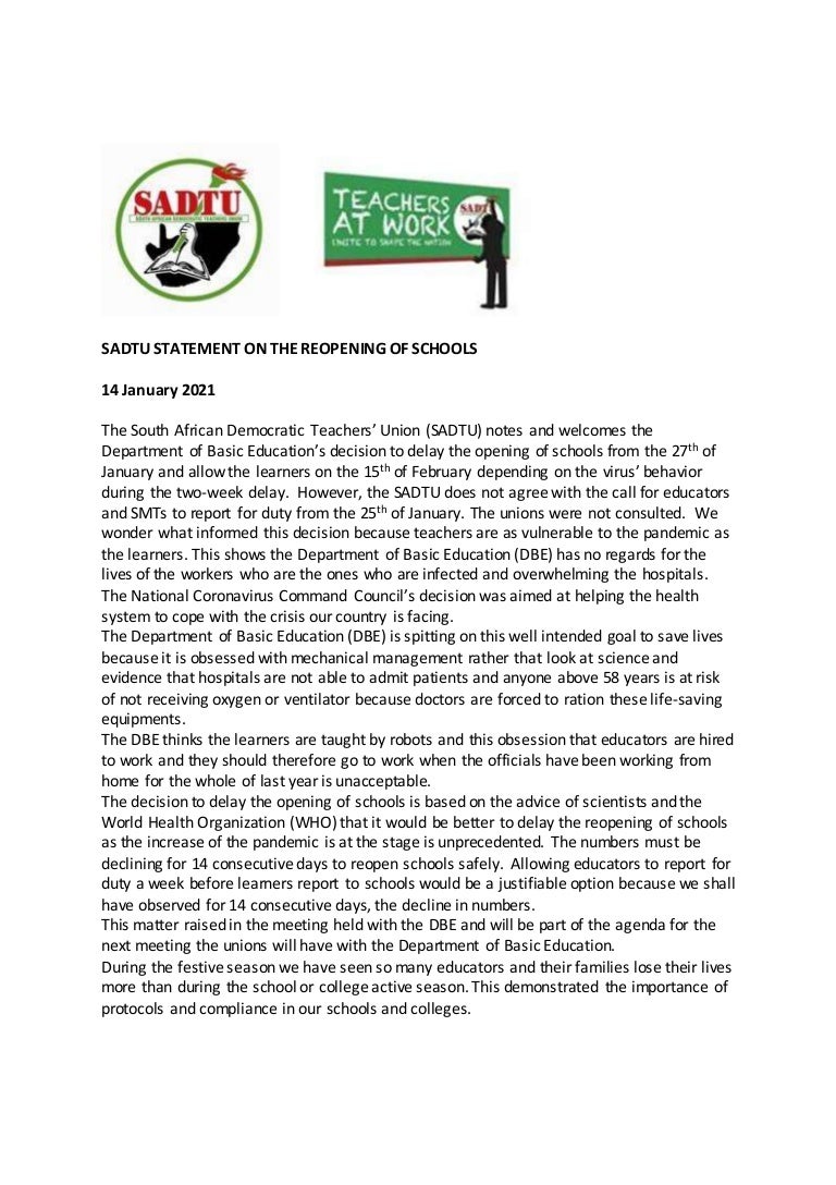 Sadtu Statement On The Reopening Of Schools