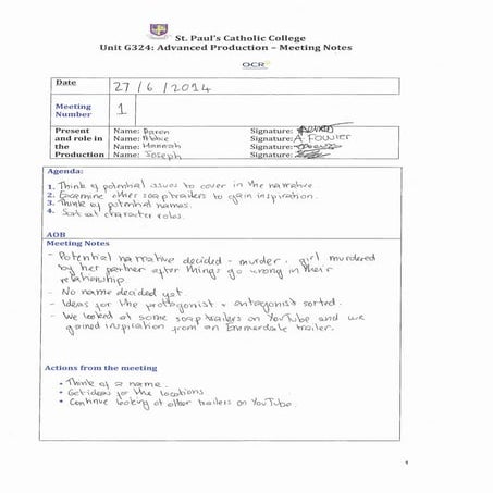 OCR A2 Media Studies - Unit G324 - Meeting Notes
