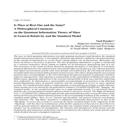 Is Mass at Rest One and the Same?  A Philosophical Comment:  on the Quantum Information Theory of Mass  in General Relativity and the Standard Model
