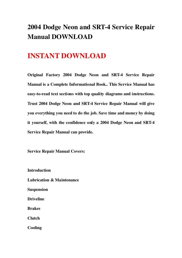2004 Dodge Neon and SRT-4 Service Repair Manual DOWNLOAD