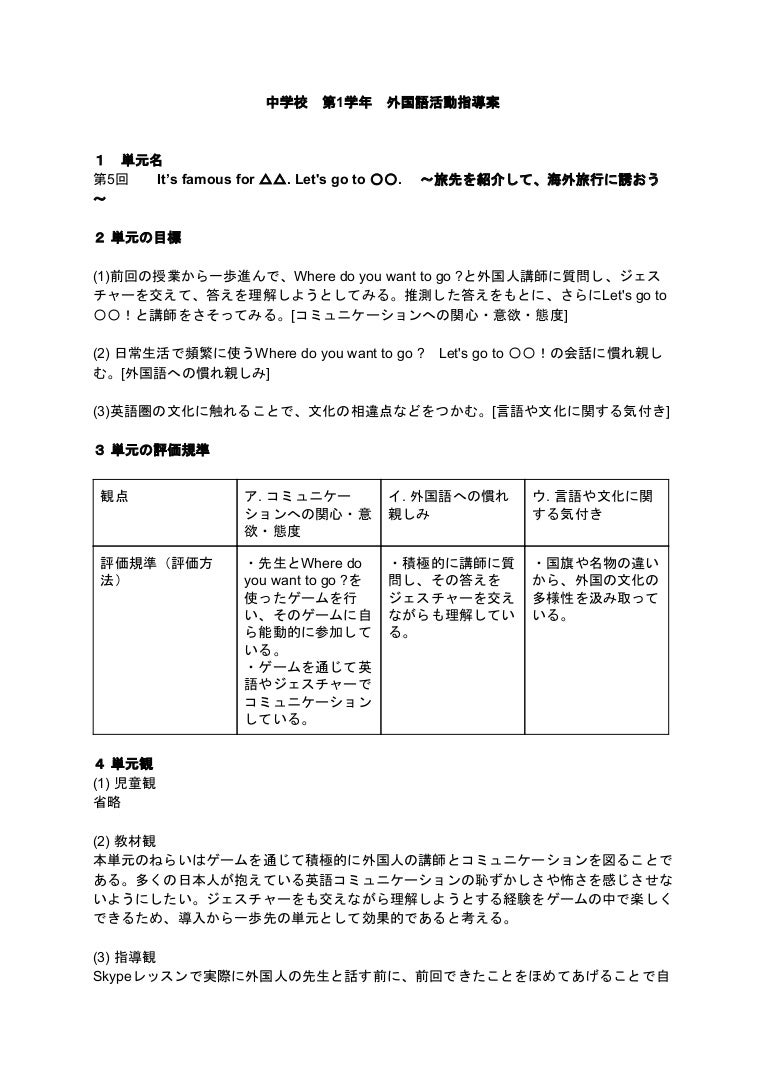 中学1年生向け Skypeを利用した英語授業 第5回学習指導案