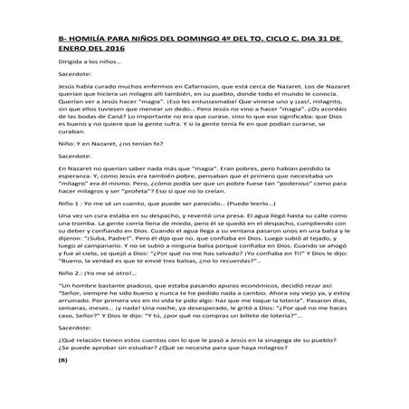HOMILÍA PARA NIÑOS. DOMINGO 4º DE TO. CICLO C. DIA 31 DE ENERO DEL 2016