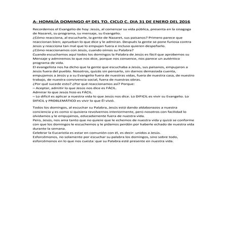 A- HOMILÍA DEL DOMINGO 4º DEL TO. CICLO C. DIA 31 DE ENERO DEL 2016