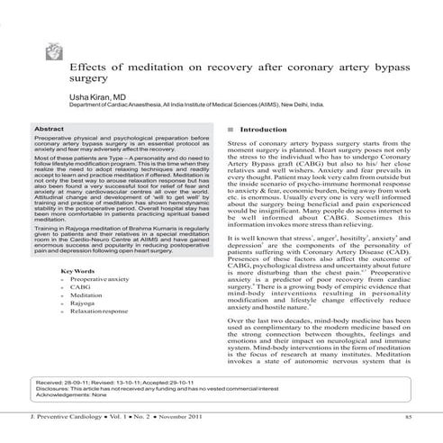 Effects of Meditation on Recovery after Coronary Artery Bypass Surgery ...