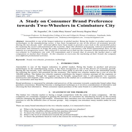 A study on consumer brand preference towards two wheelers in coimbatore city