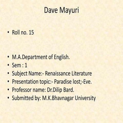 Paradise lost:Character of Eve