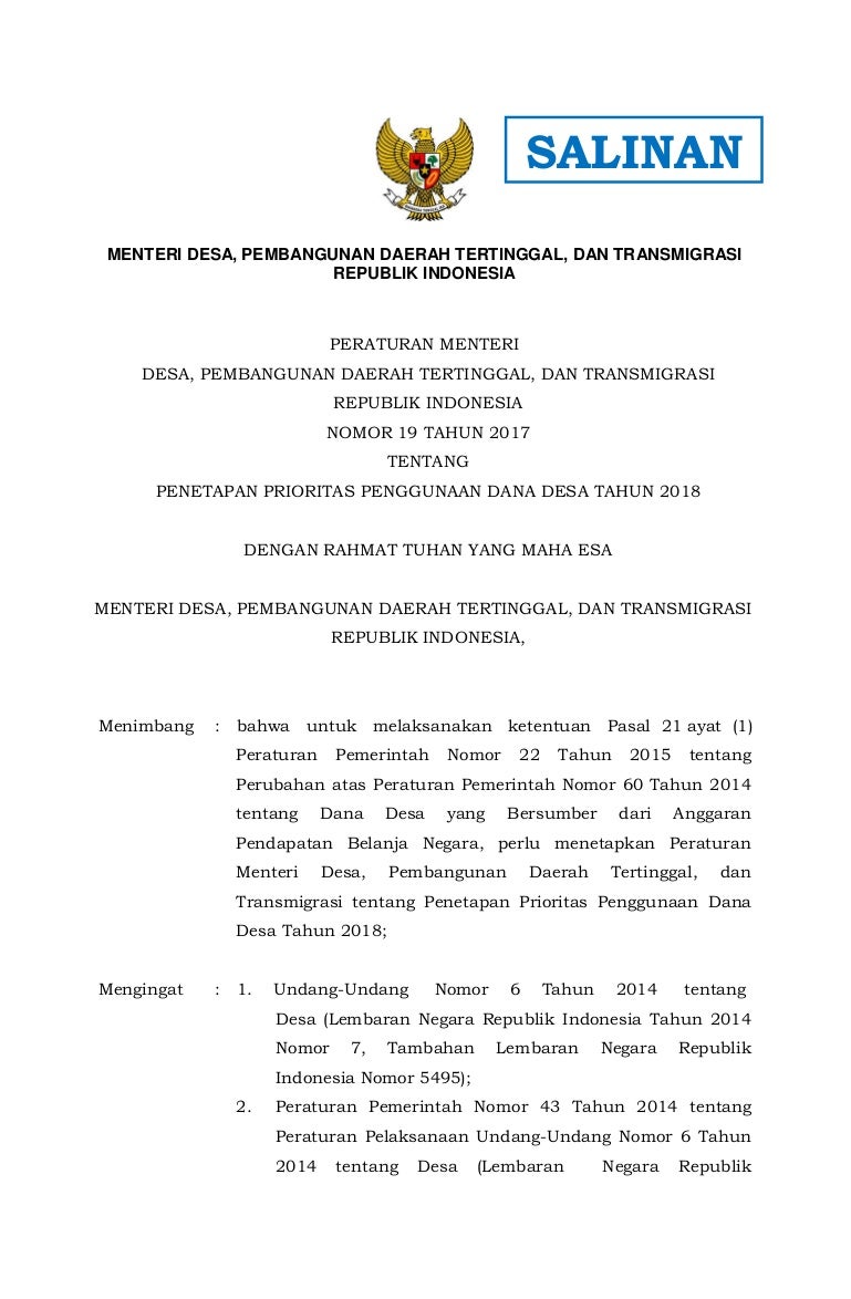 Peraturan Menteri Desa Pembangunan Daerah Tertinggal Dan Transmigra