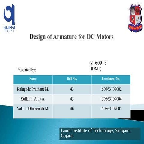 Design of armature for dc motor
