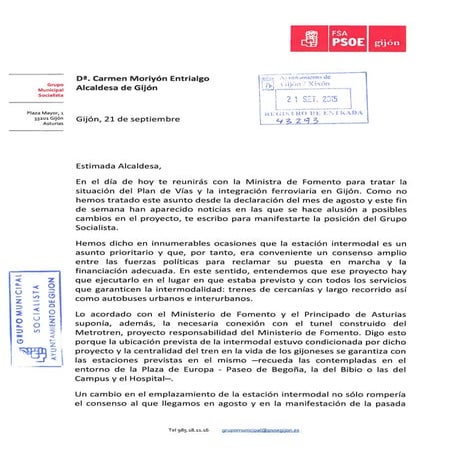 Carta a la Alcaldesa sobre su reunión con la Ministra de Fomento