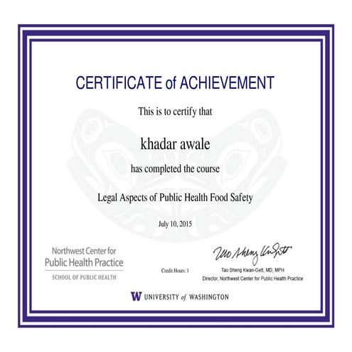 Certificate of Completion Legal Aspects of Public Health Food Safety