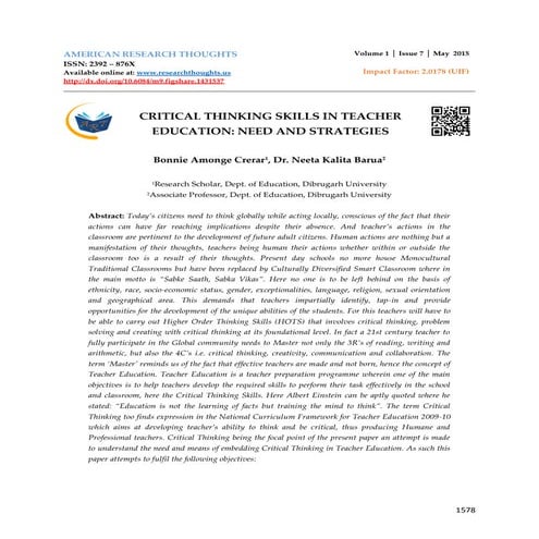 CRITICAL THINKING SKILLS IN TEACHER  EDUCATION: NEED AND STRATEGIES