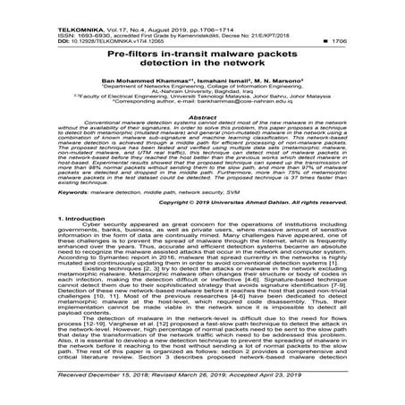 Pre-filters in-transit malware packets detection in the network