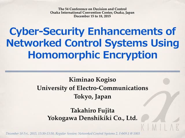 Cyber-Security Enhancements of Networked Control Systems Using Homomorphic En...