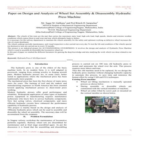 Paper on Design and Analysis of Wheel set assembly & Disassembly Hydraulic Pr...