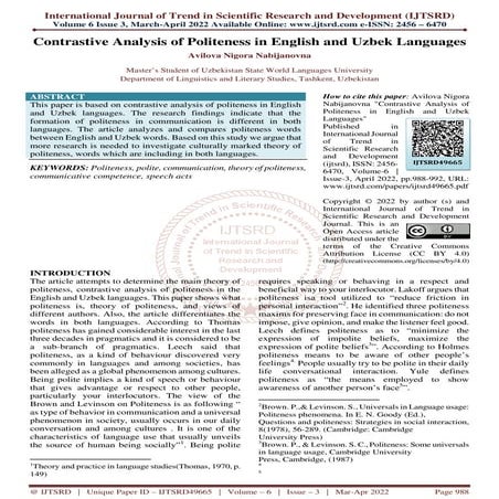 Contrastive Analysis of Politeness in English and Uzbek Languages | PDF