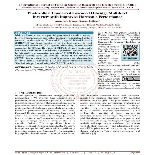 Photovoltaic Connected Cascaded H bridge Multilevel Inverters with Improved H...