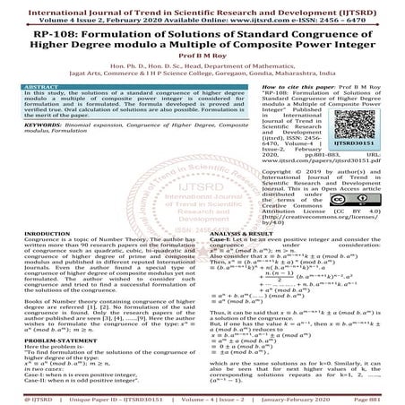 RP 108 Formulation of Solutions of Standard Congruence of Higher Degree modul...