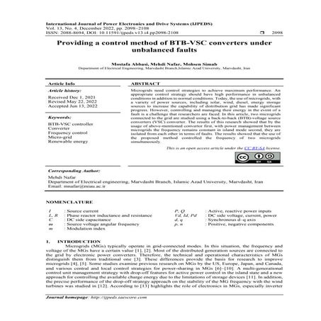 Providing a control method of BTB-VSC Converters under unbalanced faults
