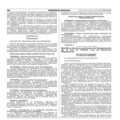 DECRETO SUPREMO  Nº 005-2017-MINEDU. Modifica diversos artículos del Reglamento de la Ley N° 29944, Ley de Reforma Magisterial