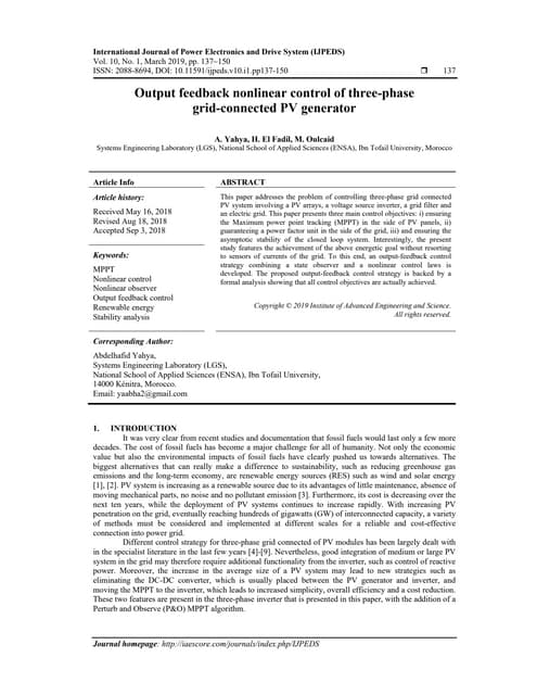 Output feedback nonlinear control of three-phase grid-connected PV generator