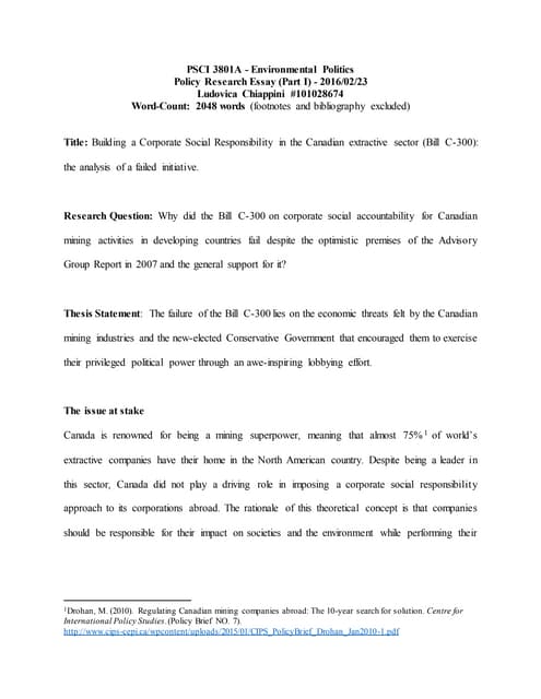 Policy Research Essay (Part I)