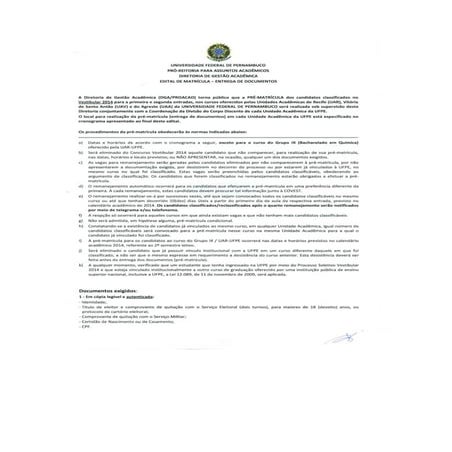 VESTIBULAR UFPE 2014 - EDITAL DE MATRÍCULA