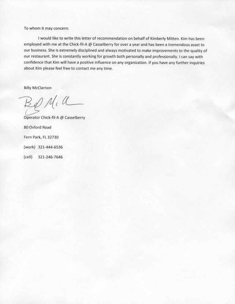 Chick Fil A Recommendation Letter