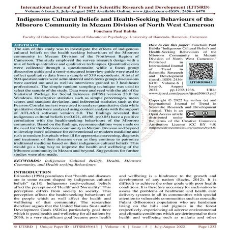 Indigenous Cultural Beliefs and Health Seeking Behaviours of the Mbororo Comm...