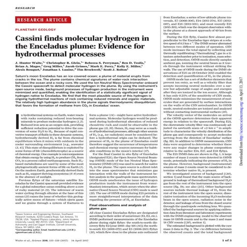 Cassini finds molecular hydrogen in the Enceladus plume: Evidence for hydroth...