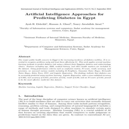 Artificial Intelligence Approaches for Predicting Diabetes in Egypt