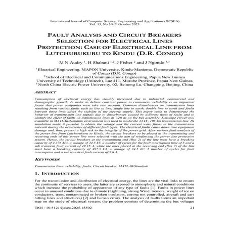 FAULT ANALYSIS AND CIRCUIT BREAKERS SELECTION FOR ELECTRICAL LINES PROTECTION: CASE OF ELECTRICAL LINE FROM LUTCHURUKURU TO KINDU (D.R. CONGO)