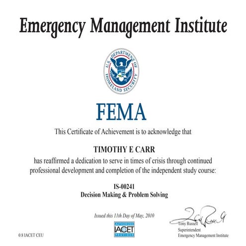 FEMA Decision Making & Problem Solving - IS-00241 Certificate | PPT