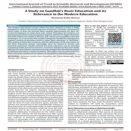 A Study on Gandhiji’s Basic Education and its Relevance in the Modern Education