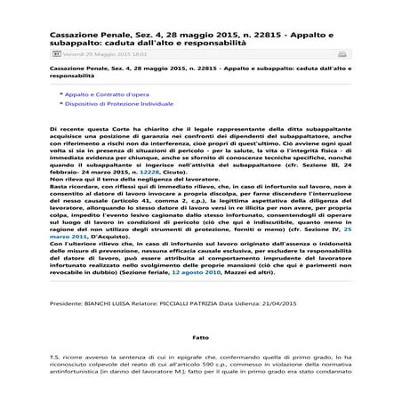 156   2015   appalto e subappalto caduta dall'alto e responsabilità