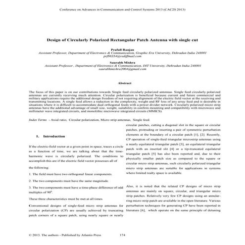Design of Circularly Polarized Rectangular Patch Antenna with single cut