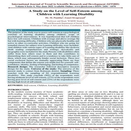 A Study on the Level of Self Esteem among Children with Learning ...