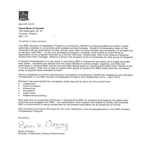 Bronwyn Schweitzer -RBC Ambassador Reference Letter | PDF