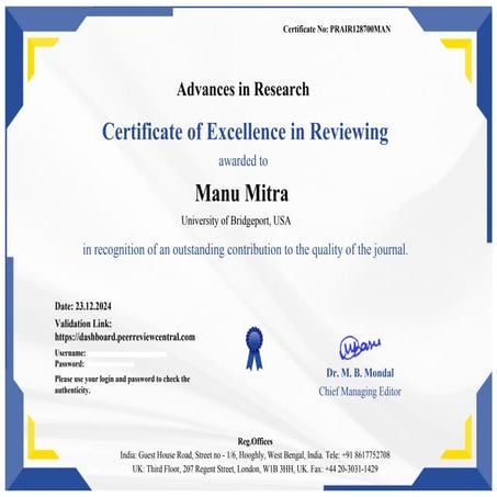 157. Reviewer Certificate in Advances in Research | PDF