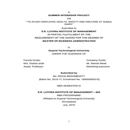 “TO STUDY EMPLOYEE HEALTH, SAFETY AND WELFARE AT SUMUL DAIRY”