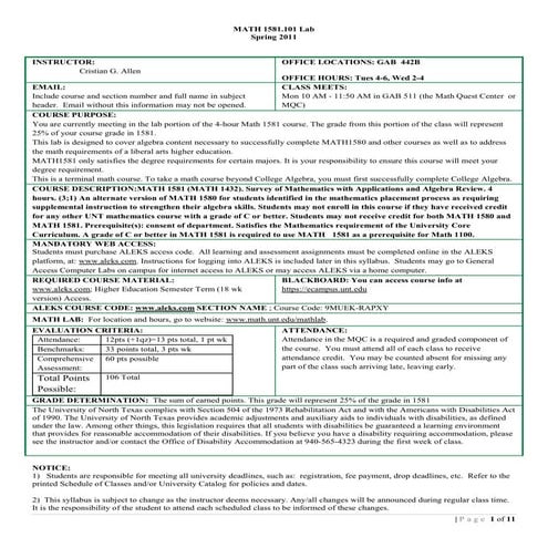 MATH 1581 Syllabus - Spring 2011