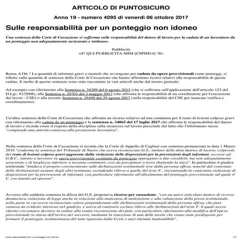 158   2017   responsabilita infortuni ponteggi non idonei